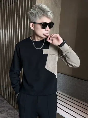 秋款休闲男款卫衣街潮休闲套头几何拼料男衣服修身圆领男士上衣秋图片