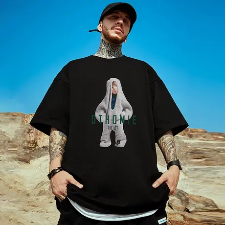 高街潮牌宽松T恤美式重磅短袖男加肥加大五分袖纯棉大码男装夏季图片