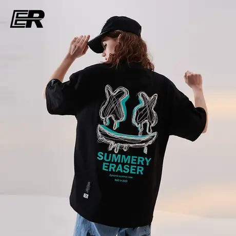 笑脸线稿涂鸦短袖t恤男潮牌ins2023夏新款情侣国潮纯棉宽松上衣商品大图