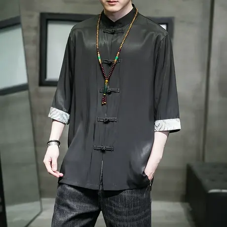 中国风冰丝棉男衬衫大码宽松休闲上衣薄款透气五分袖盘扣复古外套图片