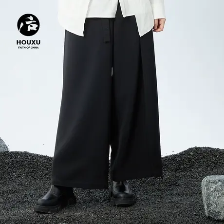后序阔腿裤男宽松直筒休闲裤男长裤中式原创设计师系带黑色裤子男图片