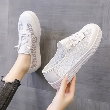 蕾丝小白鞋女一脚蹬懒人鞋夏季透气网面休闲运动鞋2023新款孕妇鞋商品大图