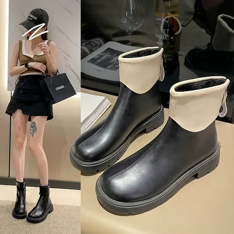 显瘦韩版法式短靴女厚底靴子女2023新款春秋季单靴瘦瘦靴马丁靴女图片