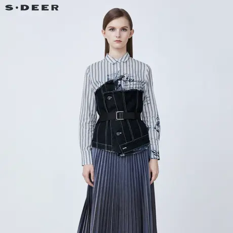 sdeer圣迪奥女装翻领条纹收腰两件套长袖衬衫S21380540图片