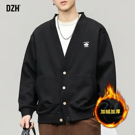 男士v领开衫卫衣男秋冬款美式重磅加绒加厚外套男款黑色新款上衣商品大图