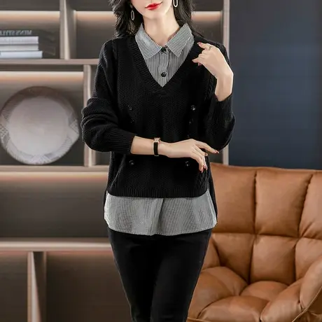 2024年春季新款女装大码衬衫领拼接假两件上衣女士针织衫宽松毛衣商品大图