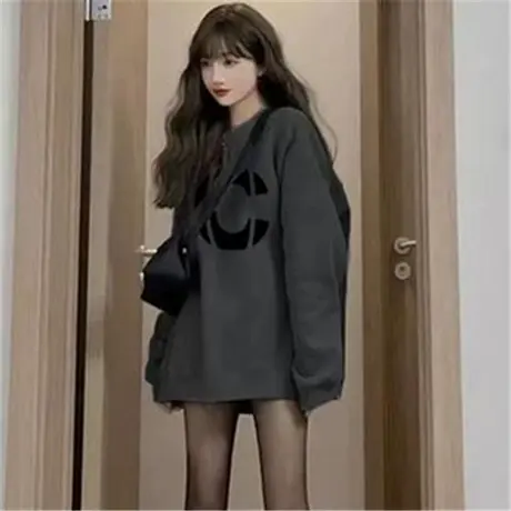 美式复古小个子爆款中长款百搭深灰色加绒圆领遮屁股卫衣商品大图