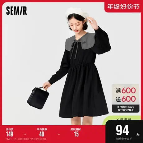 森马连衣裙女学院风翻领小黑裙娃娃领长袖裙子收腰显瘦小个子甜美图片