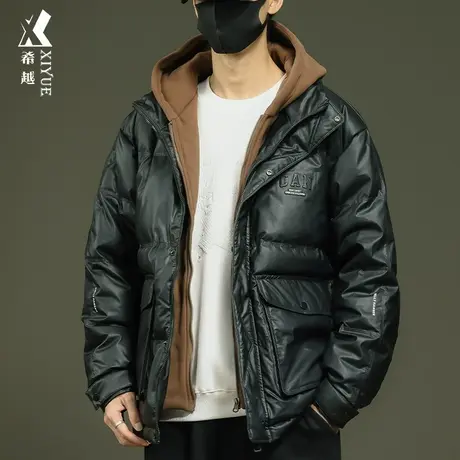希越新国标鸭绒假两件羽绒服男冬季连帽外套宽松大码男士pu皮棉衣商品大图