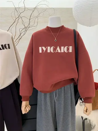 植绒字母加绒加厚卫衣女2024冬季新款韩版百搭圆领休闲套头上衣服商品大图