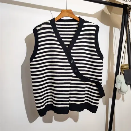 黑白条纹针织马甲开衫女秋冬新款v领叠穿设计感小众毛衣背心外套商品大图