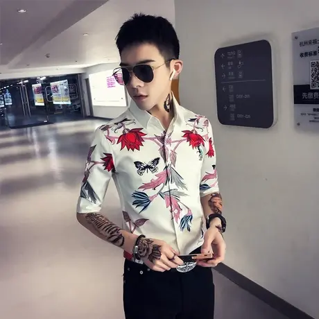 衬衫男夏装新款潮流修身短袖衬衣男百搭花色发型师痞帅七分袖上衣商品大图