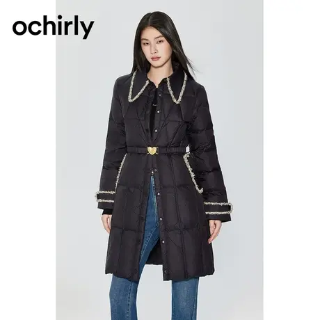 ochirly欧时力小香风西装羽绒服新款秋冬花边轻薄长款配腰带图片