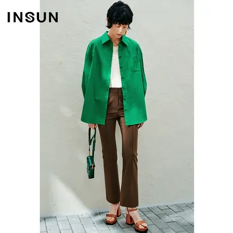 INSUN恩裳春季鲜绿色纯棉宽松落肩衬衫图片