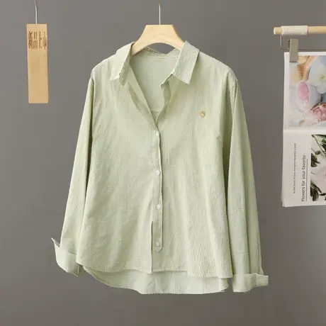 抹茶绿衬衫女春秋季慵懒风小个子长袖打底衫衬衣女polo领上衣女装图片