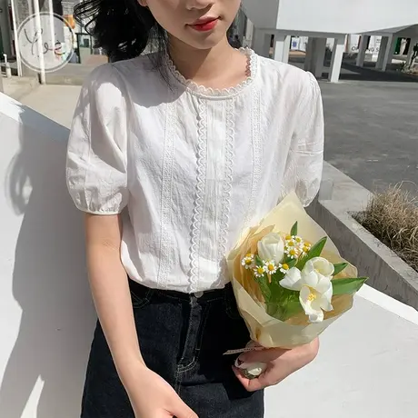 yoe夏装白色纯棉短袖衬衫女小衫法式蕾丝衬衣上衣甜美休闲百搭T恤图片