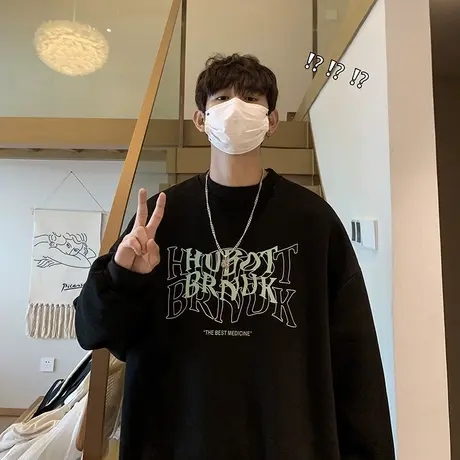 无帽卫衣男秋季圆领印花衣服ins港风美式oversize潮牌情侣打底衫商品大图