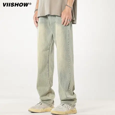 VIISHOW美式黄泥染微喇牛仔裤男春季潮牌高街直筒裤大码休闲长裤商品大图