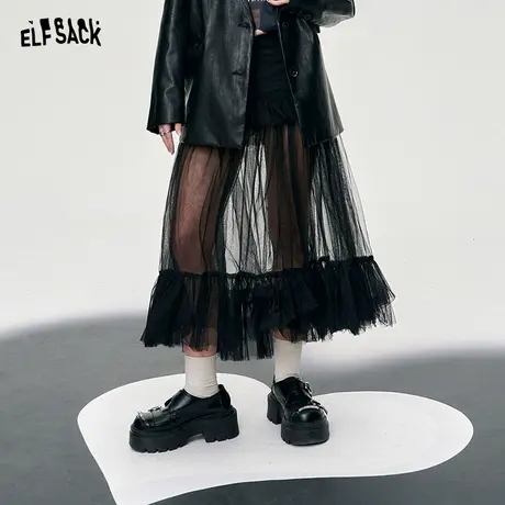 妖精的口袋网纱拼接黑色半身裙女2024年春季新款设计感显瘦蓬蓬裙图片