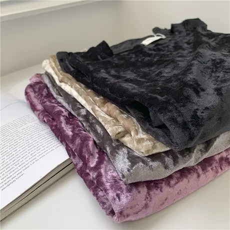 韩国风复古钻石丝绒圆领短袖T恤女春季闪钻气质百搭宽松打底上衣商品大图