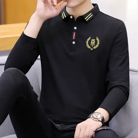 纯棉男士长袖t恤2023秋季翻领潮流刺绣花polo衫上衣商务休闲男装商品大图