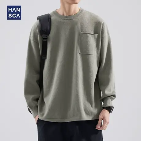 hansca重磅纯色圆领毛衣男款秋冬季潮牌日系复古青少年内搭针织衫商品大图