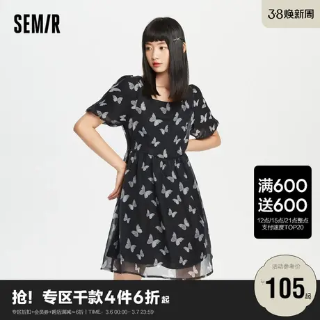 森马连衣裙女蝴蝶满印雪纺裙仙气2022夏季新款公主裙显瘦方领裙子图片