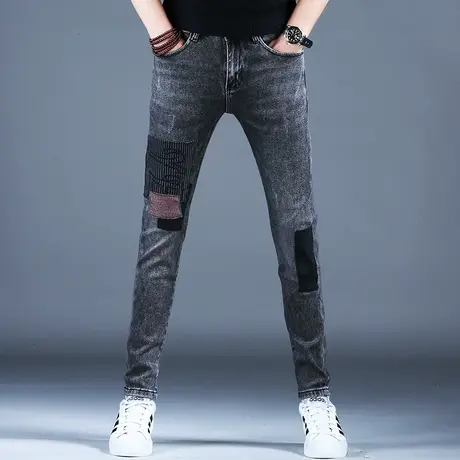 男士烟灰色牛仔裤男款春秋2024新款破洞补丁小脚修身裤子百搭潮流图片