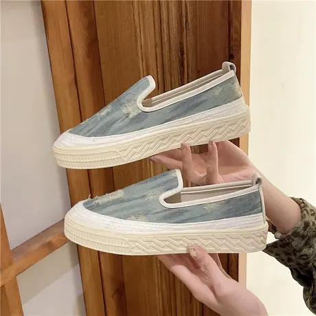 帆布鞋女一脚蹬厚底轻便懒人渔夫鞋夏季透气2024年新款豆豆乐福鞋商品大图