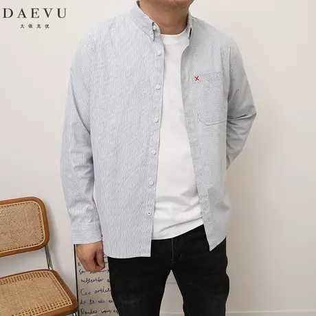 DAEVU春秋新款蓝条纹日系休闲潮胖子加肥加大码男士长袖衬衫衬衣商品大图