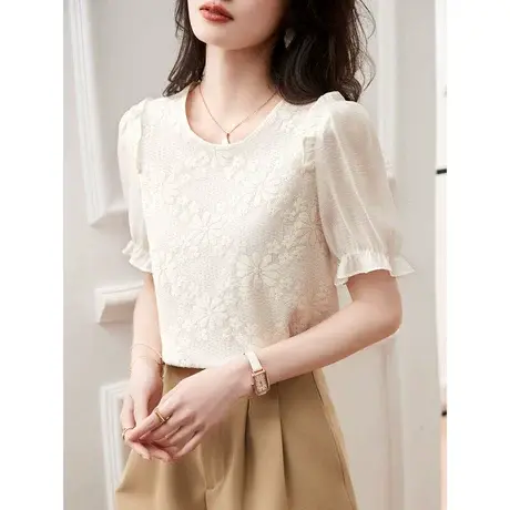 时尚气质名媛风刺绣短袖衬衫女士2023年夏季新款温柔减龄显瘦上衣商品大图