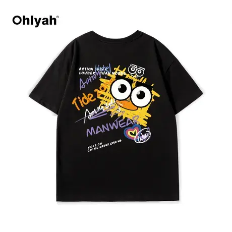 Ohlyah趣味涂鸦大眼萌字母宽松上衣2023夏季新款复古短袖T恤男女图片