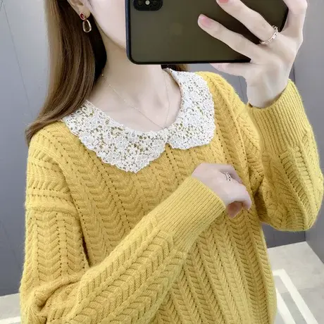 2023年秋季新款韩版镂空针织衫毛衣套头蕾丝娃娃领上衣打底衫女装商品大图