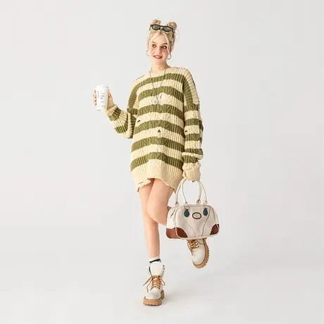 秋冬破洞麻花条纹毛衣女中长款秋季宽松oversize慵懒风上衣外套潮商品大图