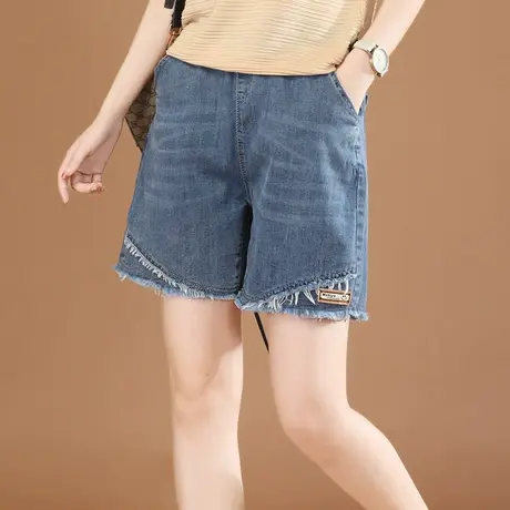 韩潮袭人松紧高腰牛仔短裤女2023夏季新款毛边阔腿直筒五分裤子薄商品大图