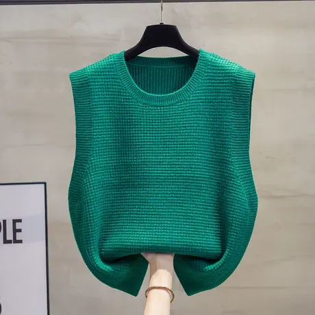 圆领纯色华夫格针织马甲背心女2023秋装新款宽松外穿马夹毛衣坎肩商品大图