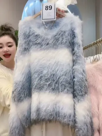 慵懒高级感网红韩版宽松撞色条纹皮草绒套头毛衣针织衫打底上衣洋图片