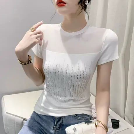 2023夏季新款性感镂空T恤女短袖时尚洋气烫钻上衣网纱拼接小衫潮商品大图
