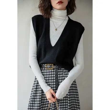 弥古复古黑色针织马甲女春秋外穿V领叠穿背心高级感无袖坎肩上衣商品大图