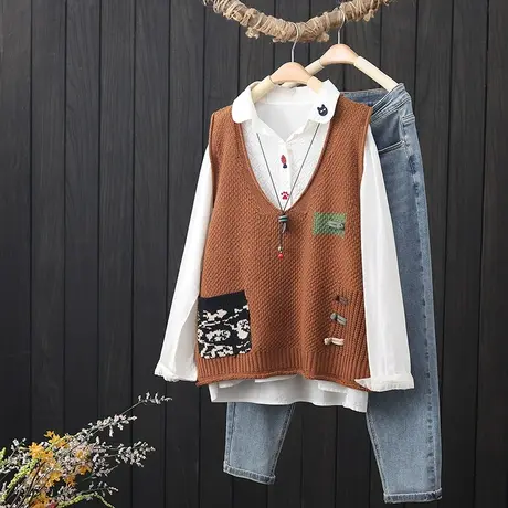 文艺复古盘扣V领棉线针织马甲坎肩女士秋季新款宽松套头马夹背心图片