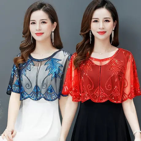 2022春夏短款亮片网纱时髦小披肩女民族风轻薄简约修身小开衫斗篷图片