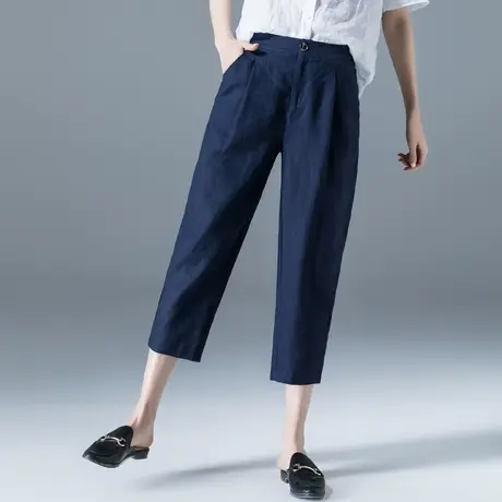 藏蓝色亚麻七分裤女夏薄款大码7分女裤妈妈休闲哈伦棉麻裤子夏季图片