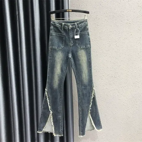 欧货不规则裤脚毛边设计感牛仔微喇裤女23秋季新款高腰显瘦喇叭裤商品大图