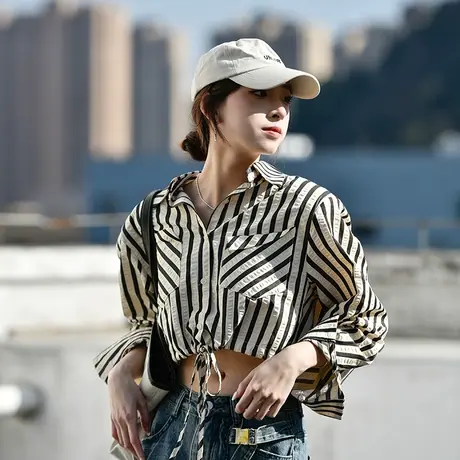 条纹衬衫女上衣小个子短款露腰小众设计感撞色抽绳休闲长袖衬衣潮商品大图