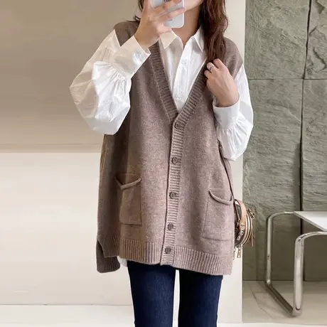 文艺范春秋季百搭针织马夹背心开衫女外搭中长款无袖毛衣坎肩上衣商品大图
