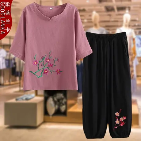 中老年妈妈装夏装套装短袖T恤刺绣洋气时尚七分裤大码妈妈两件套商品大图