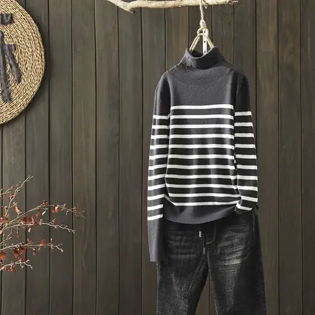 枫谜秋装新款文艺复古条纹高领针织衫女休闲宽松套头打底毛衣上衣商品大图