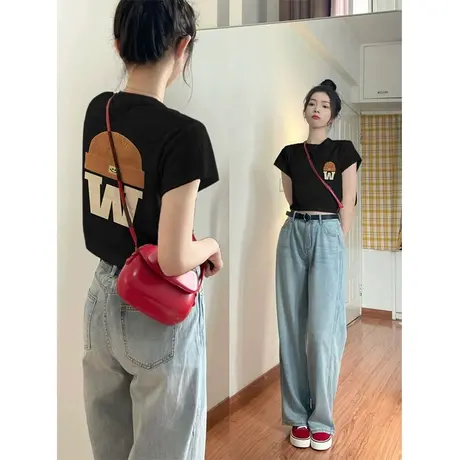 美式复古设计感短袖t恤女夏季新款潮牌辣妹修身显瘦短款正肩上衣商品大图
