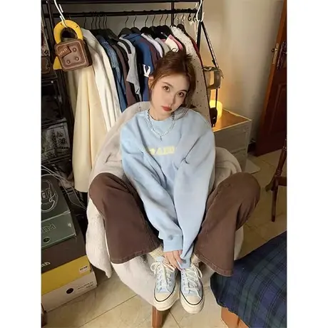 早秋设计感圆领卫衣女春秋薄款韩版宽松慵懒风上衣外套潮牌小个子商品大图