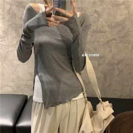 网红港风ins超火两件套长袖T恤女韩版小心机性感打底宽松学生上衣商品大图